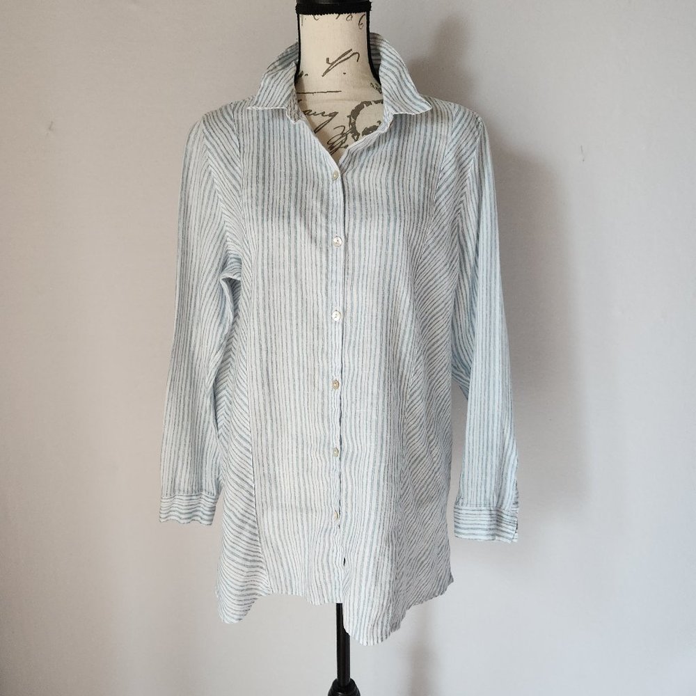 J.Jill Love Linen Stripe Pearl Button-Up Tunic Shirt Long Sleeve Blue White